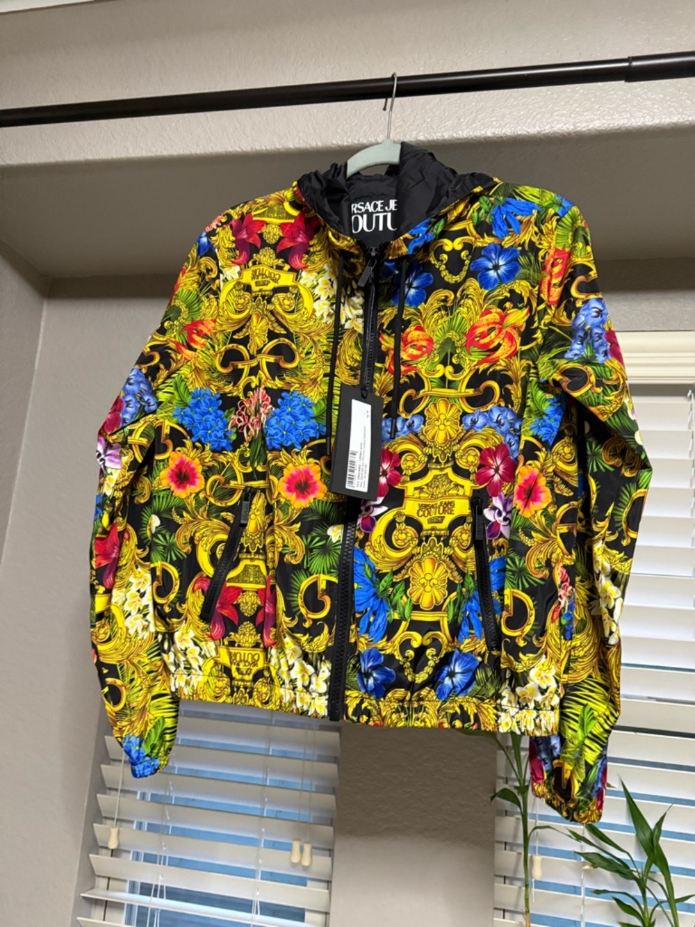 Versace Jeans Collection Black Jacket with Gold & Green Baroque Print